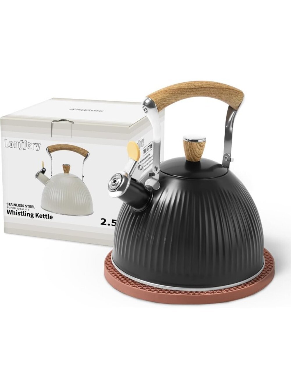 Black Stainless Steel Kitchen Whistling Tea Kettle 2.5 Quart Folding Wood Handle